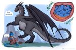 2026 abdominal_bulge anthro anthro_prey bag barefoot belly big_belly black_body black_scales black_spikes bloated blue_body blush blush_lines bodily_fluids bottomwear brown_clothing clothed clothing cramped darkdraconica darky_(darkdraconica) digital_media_(artwork) dragon eating eating_food feet female female/female female_pred female_prey feral feral_pred food furgonomic_bottomwear furgonomics group hand_on_belly head_horn hi_res holding_food holding_object horn inside_stomach internal kobold larger_feral larger_pred leaning_on_rock licking licking_lips long_neck long_tail male membrane_(anatomy) membranous_wings mythological_creature mythological_scalie mythology neck_spikes oral_vore outside pants partially_submerged rock rumbling_stomach scales scalie sitting sitting_on_ground size_difference smaller_anthro soft_vore speech_bubble spiked_tail spikes spikes_(anatomy) stomach_acid sweater tail text tongue tongue_out topwear trio url vore wet wet_body wings
