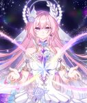  1girl absurdres amphoreus_(honkai:_star_rail) breasts bridal_gauntlets chinese_commentary commentary_request cyrene_(demiurge)_(honkai:_star_rail) cyrene_(honkai:_star_rail) diamond-shaped_pupils diamond_(shape) dress earrings halo highres honkai:_star_rail honkai_(series) jewelry large_breasts long_hair looking_at_viewer mobeinanqi180 mobius_strip multicolored_hair pink_hair pointy_ears purple_eyes sky solo star_(sky) starry_sky symbol-shaped_pupils two-tone_hair very_long_hair white_dress white_hair 