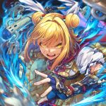  1girl album_cover armor armored_dress blonde_hair blue_fire commentary_request cover cracked_skin double_bun dress fingerless_gloves fire gloves hair_bun hair_ribbon haniwa_(statue) holding joutouguu_mayumi k2e-cradle looking_at_viewer medium_hair open_mouth puffy_short_sleeves puffy_sleeves purple_gloves re_(re_09) ribbon short_sleeves solo teeth torn_clothes touhou upper_teeth_only vambraces white_ribbon yellow_dress yellow_eyes 