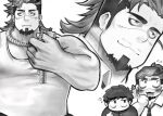  2boys ? bags_under_eyes bara bare_shoulders belly blush boogeyman_(housamo) chibi chibi_inset collage collared_shirt expressions facial_hair flustered goatee greyscale katou_(katocut0) large_hands large_pectorals loose_necktie male_focus master_5_(housamo) mature_male medium_hair monochrome motion_lines multicolored_hair multiple_boys muscular muscular_male necktie official_alternate_costume pectorals plump rope scar scar_on_face scar_on_nose shirt short_hair smile stitches stomach tank_top thick_eyebrows tokyo_afterschool_summoners two-tone_hair upper_body yaoi 