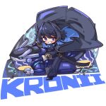  1girl absurdres akira_slide black_coat black_hair blue_eyes blue_hair blue_necktie blue_pants blue_shirt character_name chibi coat commentary crossover deformed drifting driving english_commentary from_above full_body gloves grin hair_intakes highres hololive hololive_english jadea5124 jellyfish_cut looking_at_viewer miraidon multicolored_hair necktie official_alternate_costume official_alternate_hairstyle open_clothes open_coat ouro_kronii ouro_kronii_(4th_costume) pants pokemon pokemon_(creature) riding shirt sitting_on_pokemon smile solo two-tone_hair virtual_youtuber white_gloves 