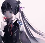  1girl black_hair closed_mouth commentary_request epaulettes flower green_eyes heaven_burns_red highres holding holding_flower military_uniform mts_dsk natsume_inori neck_ribbon ponytail red_ribbon ribbon simple_background spider_lily white_background 