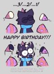 anthro birthday blush bodily_fluids clothing colored confetti countdown cum digital_drawing_(artwork) digital_media_(artwork) eyes_closed felid fur fur_tuft genital_fluids hat headgear headwear joe_(thatguynamedjoe) male mammal mouthless party_hat party_popper purple_body scarf solo surprised text tuft zlut385