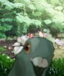  1boy 1girl bird black_hair blurry blurry_foreground commentary_request hairband haruno_sakura hetero implied_sex korean_commentary long_hair lowres naruto_(series) naruto_shippuuden nature nude outdoors pigeon pink_hair red_hairband sex sex_from_behind short_hair sna9_104 spiked_hair uchiha_sasuke 