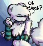 2026 4_fingers :3 ambiguous_gender anthro arm_warmers armwear belly_tuft big_ears big_tail biped black_eyebrows black_sclera black_text blue_eyes canid canine casualties:_unknown cheek_tuft claws clothing curled_tail dialogue digital_drawing_(artwork) digital_media_(artwork) english_text eyebrows facial_tuft finger_claws fingers fluffy fluffy_chest fluffy_fur fluffy_tail fur green_arm_warmers green_armwear green_clothing gunsaw head_tuft holding_own_arm interjection mammal milky_(gunsaw) noseless pattern_arm_warmers pattern_armwear pattern_background pattern_clothing portrait question question_mark round_ears sawian shaded simple_background slim solo standing striped_arm_warmers striped_armwear striped_clothing stripes tail tail_tuft text tuft white_body white_claws white_ears white_fur white_tail wickflix