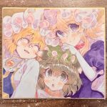  3girls ^_^ animal_ears animal_hat blonde_hair blue_tabard blush bow bowtie brown_eyes brown_hair cat_ears chen choker closed_eyes closed_mouth dress elbow_gloves gloves green_hat hat highres long_sleeves looking_at_viewer masanaga_(tsukasa) mob_cap multiple_girls open_mouth photo_(medium) puffy_short_sleeves puffy_sleeves purple_dress purple_eyes red_vest ribbon_choker shikishi short_sleeves smile tabard touhou traditional_media vest white_bow white_bowtie white_gloves white_hat yakumo_family_(touhou) yakumo_ran yakumo_yukari 