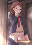  1boy absurdres blazer blue_eyes blue_jacket blue_skirt brown_hair brown_sweater bulge clothed_masturbation clothes_pull collared_shirt crossdressing crotch_rub desk heart heart-shaped_pupils highres indoors jacket long_hair long_sleeves male_focus male_masturbation masturbation masturbation_through_clothes necktie open_clothes open_jacket original otoko_no_ko panties pleated_skirt red_necktie school_uniform senchimee shirt side-tie_panties skirt skirt_pull standing striped striped_panties sweater symbol-shaped_pupils table_sex underwear white_shirt 