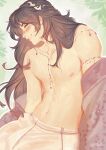  1boy abs amonimy armlet artist_name bead_armlet beskraynee_temnoe_more blush brown_hair chinese_clothes circlet dripping forehead_jewel gem green_background highres jewelry leaf_print long_hair looking_at_viewer male_focus mole mole_under_eye navel necklace nipples outdoors outline pants partially_undressed purple_gem purple_robe qing_wen_(beskraynee_temnoe_more) robe robe_on_shoulders russian_commentary sitting smile solo toned toned_male topless_male white_outline white_pants 