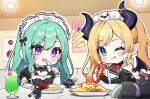  2girls :d aqua_eyes black_sleeves blonde_hair blush_stickers bow bowtie breasts chibi chibi_only cleavage cleavage_cutout clothing_cutout commentary_request demon_horns detached_sleeves drink_request food_request frilled_sleeves frilled_wrist_cuffs frills green_hair highres holding holding_spoon hololive horns indoors ketchup kiwipodo licking_lips long_hair maid maid_headdress medium_breasts multiple_girls notice_lines one_eye_closed outline pointy_ears purple_eyes red_bow red_bowtie sidelocks single_hair_intake smile spoon tongue tongue_out virtual_youtuber vspo! white_outline white_wrist_cuffs wrist_cuffs yakumo_beni yuzuki_choco 