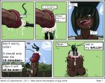animal_humanoid ball_clench blackmail bodily_fluids bottomwear clothing cock_vore comic cum cum_vore dark_body dark_skin dialogue digestion duo english_text excessive_cum excessive_genital_fluids excessive_genital_fuid forced genital_fluids genitals green_bottomwear green_clothing green_hair green_hat green_headwear green_shorts hair hat headgear headwear herm human human_pred humanoid humanoid_genitalia imminent_death imminent_digestion intersex intersex/male male mammal mammal_humanoid maw_(mawgapen) mawgapen mouse_humanoid murid murid_humanoid murine murine_humanoid outside park_(mawgapen) penile penis pink_hair rodent rodent_humanoid shirt shorts tablet text topwear unwilling_prey vore white_clothing white_shirt white_topwear