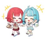 2girls :3 :d aqua_hair aqua_skirt bag black_sailor_collar blush_stickers chibi chibi_only closed_eyes commentary_request grey_vest hair_ornament hairclip highres holding holding_bag holding_hands kiwipodo leg_warmers long_hair medium_hair miniskirt multicolored_hair multiple_girls neckerchief nekota_tsuna nekota_tsuna_(4th_costume) open_mouth orange_streaks paper_bag paw_hair_ornament plaid_clothes plaid_skirt pointing pointing_forward red_hair red_neckerchief red_skirt sailor_collar shiranami_ramune shirt sidelocks skirt smile socks streaked_hair vest virtual_youtuber vspo! walking white_shirt white_socks white_streaks yellow_leg_warmers 