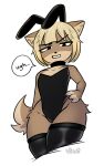 anthro bunny_costume canid canine canis clothing collar costume disgust dogfailureowo domestic_dog fake_ears fake_rabbit_ears female flat_chested hana_(dogfailureowo) hand_on_hip hi_res legwear leotard mammal solo thigh_highs white_back