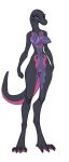  2022 anthro anthrofied biped black_body breasts claws digital_media_(artwork) discreet_user female generation_7_pokemon genitals hi_res multicolored_body navel nintendo nipples non-mammal_breasts non-mammal_nipples pink_body pokemon pokemon_(species) purple_body purple_eyes pussy salazzle simple_background solo standing toe_claws video_games white_background 