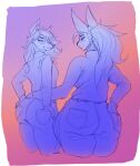  anthro big_butt bottomwear butt canid canine clothing denim denim_clothing duo eyewear female fox glasses hand_on_butt jeans lagomorph leporid looking_at_viewer mammal orinvega pants rabbit simple_background smile sweater topwear 