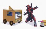  >_< 2boys blush cardboard cardboard_car character_name closed_eyes collar commentary deadpool duct_tape fangs jeff_the_land_shark marker marvel marvel_rivals multiple_boys open_mouth scissors shark shark_fin smile superhero_costume sword sword_on_back untranslatable_commentary weapon weapon_on_back white_background yamuoez 
