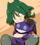  1boy black_jacket brown_background brown_eyes commentary_request green_hair green_shirt grey_pants grin jacket male_focus medium_hair on_lap otakatu_popopo pants pokemon pokemon_(anime) pokemon_(creature) pokemon_horizons pokemon_on_lap sableye shirt smile teeth ult_(pokemon) 