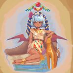  1girl absurdres alternate_costume alternate_skin_color ancient_egyptian_architecture ancient_egyptian_clothes animal anklet arm_rest arm_support bare_arms barefoot bat_wings belt blue_hair bow bright_pupils cat closed_mouth dark-skinned_female dark_skin dress feet fine_art_parody fingernails full_body gem gold_necklace gold_trim half-closed_eyes hat hat_ribbon headdress highres jewelry legs_together looking_at_viewer low_wings mob_cap nail_polish necklace nekomata nemes parody red_eyes red_gem red_nails red_ribbon red_wings remilia_scarlet remsenha ribbon short_dress short_hair sitting sleeveless sleeveless_dress slit_pupils solo statue throne toes tohotopia touhou usekh_collar wings yokozuwari 