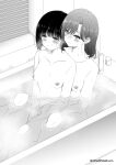  2girls bathtub blush breasts collarbone commentary_request completely_nude earrings greyscale jewelry monochrome multiple_girls nipples nude original partially_submerged shared_bathing stud_earrings takeshisu water yuri 
