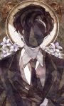  1boy black_gloves black_hair black_jacket black_mask black_necktie black_suit collared_shirt corrupted_twitter_file curtained_hair dream81059082 flower formal_clothes gloves highres jacket library_of_ruina lily_(flower) male_focus mask masked necktie project_moon roland_(project_moon) shirt short_hair solo suit upper_body watercolor_effect white_flower white_lily white_shirt 