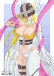  1girl absurdres angel angel_wings angewomon artcetona asymmetrical_clothes bare_shoulders belt blonde_hair breasts cleavage clothing_cutout covered_eyes cowboy_shot digimon digimon_(creature) elbow_gloves feathered_wings gloves hand_in_own_hair helmet helmet_over_eyes highres large_breasts long_hair multiple_wings navel o-ring o-ring_belt outside_border pink_ribbon ribbon signature simple_background smile solo stomach_cutout thigh_strap winged_gloves winged_helmet wings wrist_wings 