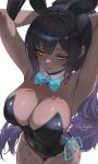  1girl absurdres animal_ears armpits arms_behind_head arms_up bare_shoulders black_hair black_leotard blue_archive blue_bow blue_bowtie blush bow bowtie breasts cleavage commentary covered_navel dark-skinned_female dark_skin detached_collar djo_reddjo fake_animal_ears fishnet_pantyhose fishnets highres karin_(blue_archive) karin_(bunny)_(blue_archive) large_breasts leotard long_hair looking_down multicolored_hair official_alternate_costume pantyhose playboy_bunny ponytail purple_hair rabbit_ears signature simple_background solo strapless strapless_leotard traditional_bowtie untranslatable_commentary very_long_hair white_background yellow_eyes 