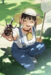  1girl bell belt blurry blurry_background breasts brown_belt brown_hair butterfly_net closed_eyes commentary_request day dot_nose futao_miruku_(riki) grass hand_net hat highres holding holding_bug holding_butterfly_net large_breasts open_mouth original overall_shorts overalls rhinoceros_beetle riki_(riki_unc) shirt short_sleeves smile solo squatting straw_hat teeth tongue white_shirt 