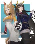  2girls ahoge animal_ears ascot asymmetrical_gloves asymmetrical_jacket black_gloves black_hair black_pantyhose blonde_hair blue_eyes blue_jacket blunt_bangs bodysuit breasts buttons calstone_light_o_(one_true_path)_(umamusume) calstone_light_o_(umamusume) commentary_request double-breasted durandal_(chevalier_fidele)_(umamusume) durandal_(umamusume) ear_covers epaulettes fourragere frilled_bodysuit gloves hair_between_eyes highres hime_cut holding_hands horse_ears horse_girl horse_tail jacket long_hair long_sleeves looking_at_viewer medium_breasts mismatched_gloves multicolored_hair multiple_girls oooaeceg open_mouth pantyhose pantyhose_under_shorts red_ascot shorts simple_background single_ear_cover smile striped_hair tail two-tone_hair umamusume white_bodysuit white_gloves white_hair yellow_eyes 