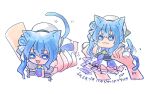  1girl 1other :3 animal_ears blue_hair blue_necktie blue_sclera brooch cat_ears cat_girl cat_tail chibi chibi_only colored_sclera commentary_request facing_viewer full_body hair_bun hair_ribbon hat holding holding_mini_person hololive hoshimachi_suisei jewelry kemonomimi_mode long_hair mini_person minigirl motion_lines multiple_views necktie ribbon sakuyat_illust sidelocks simple_background single_side_bun sound_effects tail white_background white_hat 