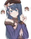  2girls :q alternate_hair_length_(longer) angel_and_devil beret blue_dress blue_eyes blue_hair blush blush_stickers bound bound_wrists bow brown_hair brown_hat chain chained_wrists chibi chibi_inset choker closed_eyes closed_mouth demon_horns demon_tail dress earrings fake_horns fur-trimmed_dress fur_trim hairband halo hanasato_minori hands_up hat hat_bow heart heart-shaped_lock heart_earrings highres horn_hairband horns jewelry kiritani_haruka leotard long_hair long_sleeves looking_at_viewer medium_hair multiple_girls off-shoulder_dress off_shoulder official_alternate_costume official_alternate_hairstyle open_mouth project_sekai see-through_clothes see-through_leotard shoulder_angel shoulder_devil sidelocks simple_background solo_focus straight_hair striped_choker sxz3a tail take_the_best_shot!_(project_sekai) tongue tongue_out traditional_halo upper_body white_background 