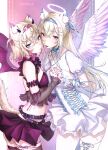  2girls :d absurdres angel_and_devil angel_wings animal_ears belt black_belt blonde_hair blue_collar blue_eyes blue_hairband blue_streaks breasts cleavage closed_mouth collar commentary cross-laced_clothes cross-laced_dress crossed_bangs demon_horns demon_wings dog_ears dog_girl dog_tail double-parted_bangs dress fake_horns feathered_wings frilled_dress frills fuwawa_abyssgard hair_between_eyes hair_ornament hairband hairclip halo heart heart_hair_ornament highres holding_hands hololive hololive_english horn_hairband horns interlocked_fingers large_breasts long_hair looking_at_viewer miniskirt mococo_abyssgard multicolored_hair multiple_girls narika_(narikakkkk) open_mouth pink_collar pink_eyes pink_streaks puffy_short_sleeves puffy_sleeves purple_skirt short_dress short_hair short_sleeves siblings sisters skirt small_breasts smile spiked_collar spikes star_(symbol) star_hair_ornament streaked_hair studded_belt tail twins two_side_up virtual_youtuber white_dress wings x_hair_ornament 