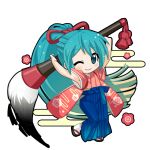  1girl aqua_eyes aqua_hair arms_up black_outline blue_hakama blunt_ends blush calligraphy_brush chibi chibi_only closed_mouth clothing_cutout egasumi full_body game_asset gradient_hair green_hair hair_between_eyes hair_ribbon hakama hatsune_miku hatsune_miku_graphy_collection hip_vent holding holding_calligraphy_brush holding_paintbrush ink japanese_clothes kimono long_hair looking_at_viewer multicolored_hair one_eye_closed outline oversized_object paintbrush pink_kimono ponytail red_ribbon ribbon sandals short_sleeves sidelocks smile solo standing tabi tassel transparent_background very_long_hair vocaloid zouri 