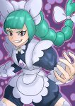  1girl absurdres apron black_romper bow brown_eyes commentary_request floating_hair green_hair grin hair_bow hand_up headdress highres kichi_(erkz2532) lebanne_(pokemon) legs_apart long_hair long_sleeves maid pokemon pokemon_legends:_z-a romper smile solo teeth 