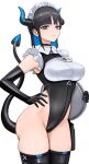  1girl absurdres black_choker black_gloves black_hair black_thighhighs blue_eyes blue_hair choker colored_inner_hair commentary_request demon_girl demon_horns demon_tail earrings elbow_gloves frown gloves hand_on_own_hip highleg highleg_leotard highres holding holding_tray horns jewelry leotard looking_at_viewer maid maid_headdress multicolored_hair name_tag original short_hair sunao_(70_the) tail thighhighs tray two-tone_hair white_background 