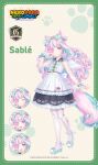  1girl angel_wings animal_ear_fluff animal_ears animal_hands bell black_collar blue_fur blue_hair blush bow cat_ears cat_girl cat_paws cat_tail character_name closed_eyes closed_mouth collar collared_dress copyright_name curly_hair double_bun dress eyepatch feathered_wings floral_print flower fluffy_tail frilled_dress frills green_bow hair_bow hair_bun hand_up heart heart_eyepatch long_hair long_tail looking_at_viewer multicolored_dress multicolored_fur multicolored_hair multicolored_shoes nail_polish name_tag nekopara nekopara_sekai_connect official_art open_mouth pale_skin pantyhose paw_print paw_print_background pink_eyes pink_fur pink_hair pink_nails sable_(nekopara) sayori_(neko_works) shoes sleeveless sleeveless_dress smile standing standing_on_one_leg surprised tail tail_bow tail_ornament v white_pantyhose wings wrist_cuffs 