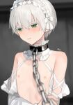  1boy androgynous armlet armpit_crease bare_shoulders blurry blurry_background blurry_foreground blush chain clothes_pull collar commentary crossdressing crossdressing_(mtf) cuffs dot_nose frilled_collar frills green_eyes hair_between_eyes hand_on_own_arm hand_up highres jewelry looking_down looking_to_the_side male_focus motion_lines nipples original parted_lips shackles shirt shirt_pull short_hair solo sunaba_(nczd5875) sweat trembling upper_body wet white-haired_boy_(sunaba_(nczd5875)) white_collar white_hair white_headdress white_shirt 