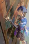  1boy armor belt black_belt black_bodysuit black_bow black_bridal_gauntlets black_hair black_shorts blue_cape blue_gem blue_kimono blunt_ends bodysuit book bookshelf bow bridal_gauntlets bright_pupils cape closed_mouth clothing_cutout dated eyeliner from_side gem genshin_impact gold gold_ring hakama hakama_shorts hand_up highres hip_vent holding holding_book japanese_armor japanese_clothes juban kimono kote kurokote leg_warmers library looking_at_object makeup male_focus middle_ring open_clothes open_kimono pleated_shorts purple_eyes purple_rope purple_sash red_eyeliner rope sash scaramouche_(genshin_impact) shorts shoulder_peek side_cape solo tassel tsurime turtleneck turtleneck_bodysuit vision_(genshin_impact) wanderer_(genshin_impact) white_kimono white_leg_warmers white_pupils white_trim wispy_bangs you_yeyou0904 