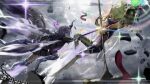  2girls absurdres black_bodysuit black_hoodie black_skirt blonde_hair bodysuit boots clenched_teeth cracked_skin debris detached_wings duel english_commentary fighting gauntlets gradient_hair grey_hair hammer highres hoarah_lux holding holding_hammer holding_sword holding_weapon hololive hololive_english hololive_indonesia hood hoodie kaela_kovalskia koseki_bijou long_hair multicolored_hair multiple_girls pleated_skirt purple_eyes purple_hair skirt sword teeth virtual_youtuber weapon white_boots wings 