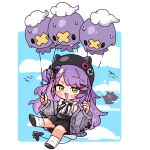  1girl absurdres balloon beret bibi_(tokoyami_towa) black_hat black_shoes black_skirt black_tail blush_stickers cardigan chibi commentary crying demon_tail drifloon ear_piercing english_commentary fake_horns fang flying full_body gengar green_eyes grey_cardigan hair_bun hair_ornament hairclip hat highres holding hololive horns jadea5124 jirai_kei long_hair looking_at_viewer multicolored_hair nervous_sweating official_alternate_costume official_alternate_hairstyle open_cardigan open_clothes open_mouth piercing pleated_skirt pokemon pokemon_(creature) purple_hair shirt shoes single_hair_bun single_side_bun skirt smile socks solid_oval_eyes suspender_skirt suspenders sweat swept_bangs tail tail_ornament tail_piercing tokoyami_towa tokoyami_towa_(jirai_kei) very_long_hair virtual_youtuber white_shirt white_socks 