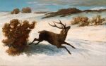 19th_century 2_horns absurd_res ambiguous_feral ambiguous_gender ancient_art antlers brown_body brown_fur cloven_hooves deer detailed_background feral fur gustave_courbet hi_res hooves horn looking_aside mammal nature nature_background oil_painting_(artwork) outside painting_(artwork) plant public_domain quadruped running scut_tail short_tail shrub snow solo tail traditional_media_(artwork) traditional_painting_(artwork) tree unguligrade