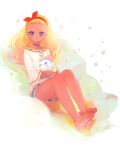  1girl amamiya_elena barefoot blonde_hair bow_hairband braid commentary dark-skinned_female dark_skin full_body fuwa_(precure) hairband highres long_hair long_sleeves precure purple_eyes red_hairband shirt short_shorts shorts side_braids simple_background sitting soles star_twinkle_precure toes untranslatable_commentary white_background yukiumisaka 