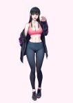  1girl bare_shoulders black_eyes black_hair black_jacket black_pants breasts commentary full_body hand_up highres jacket jigokumaru_akira large_breasts long_hair looking_at_viewer midriff navel off_shoulder open_clothes open_jacket open_mouth pants pink_sports_bra scar scar_on_face shoes simple_background sneakers solo sports_bra sportswear standing stomach taimanin_(series) taimanin_rpgx underwear untranslatable_commentary white_background yoga_pants yuuji_(and) 