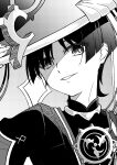  1boy absurdres blunt_ends choppy_bangs commentary_request fingernails genshin_impact greyscale hand_up hat highres japanese_clothes jewelry jingasa juban kimono layered_sleeves looking_at_viewer male_focus mandarin_collar mitsudomoe_(shape) monochrome neck_ring ngr_a_00 open_mouth partially_shaded_face portrait rope scaramouche_(genshin_impact) shimenawa short_sleeves smile solo tilted_headwear tomoe_(symbol) tsurime veil 