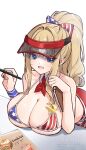  1girl american_flag american_flag_bikini american_flag_print artist_name bare_arms bare_shoulders bikini bikini_top_only blonde_hair blue_eyes bluesky_username blush bow breast_rest breasts breasts_on_table chami_(charming621) cleavage commentary detached_collar dolphin_wave elbow_on_table flag_print flag_print_bikini hands_up high_ponytail highres holding holding_notepad holding_pen kirahoshi_kanna large_breasts leaning_forward leaning_on_table long_hair looking_at_viewer menu neckerchief notepad open_mouth partially_shaded_face pen ponytail print_bikini print_bow red_neckerchief red_skirt sidelocks simple_background skirt solo standing swimsuit table twitter_username untranslatable_commentary upper_body visor_cap waitress white_background wristband 