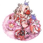  1girl absurdres blush cherrim cherry_blossoms chibi commentary_request crossover dango familiar fang flower food from_above full_body gradient_hair grey_hair hair_between_horns hair_flower hair_ornament highres holding holding_food hololive horns jadea5124 japanese_clothes karma_(nakiri_ayame) kimono long_hair looking_up lurantis multicolored_hair nakiri_ayame nakiri_ayame_(shrine_maiden) nontraditional_miko official_alternate_costume oni open_mouth outdoors pink_theme pokemon pokemon_(creature) red_eyes red_hair red_streaks seiza sitting skin-covered_horns smile streaked_hair tapu_lele thighhighs virtual_youtuber wagashi white_kimono white_thighhighs wide_sleeves yagasuri 