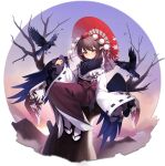  1girl alternate_costume artist_request bare_tree bird bird_wings black_bird black_wings brown_hair crow feathered_wings full_body game_asset hat holding holding_umbrella in_tree japanese_clothes kimono leaf_print long_sleeves looking_at_viewer maple_leaf_print medium_hair non-web_source official_art oil-paper_umbrella pointy_ears pom_pom_(clothes) red_eyes red_hat red_skirt red_umbrella ribbon-trimmed_sleeves ribbon_trim self-datamine shameimaru_aya simple_background sitting sitting_in_tree skirt socks solo tabi tokin_hat touhou touhou_arcadia_record transparent_background tree umbrella white_kimono white_socks wide_sleeves wings 