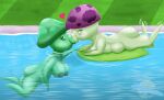 anthro big_butt butt day duo electronic_arts eyelashes eyes_closed featureless_hands female female/female fungus grass green_body green_markings green_nipples heart_symbol hi_res huge_butt kissing lawn lily_pad lindwormduality markings mushroom mushroom_cap nipples nude outside plant plants_vs._zombies popcap_games puff-shroom purple_body purple_markings sea-shroom shortstack skinny_dipping slightly_chubby slightly_chubby_female swimming swimming_pool