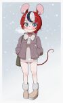  1girl absurdres alternate_costume animal_ears black_choker black_hair blue_eyes boots breath butayaro_kr choker cold commentary_request dress full_body fur-trimmed_jacket fur_trim grey_boots grey_dress grey_jacket hakos_baelz highres hololive hololive_english jacket korean_commentary looking_at_viewer mouse_ears mouse_girl mouse_tail multicolored_hair red_hair snowing solo standing tail virtual_youtuber white_hair winter_clothes 