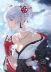  1girl breasts cleavage closed_mouth collarbone commentary earrings flower gloves hair_bun hair_flower hair_ornament hair_stick hand_up highres hiyuki_(wuthering_waves) holding japanese_clothes jewelry kimono large_breasts looking_ahead mihan_(mihan_art) mole mole_on_shoulder mole_under_eye necklace off_shoulder official_alternate_costume origami paper_crane red_eyes red_gloves short_hair_with_long_locks snowflakes snowing solo white_kimono wuthering_waves 