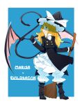  absurdres bat_wings black_hat blonde_hair boots bow broom character_name commentary evil_dragon_(touhou) forbidden_scrollery ghostly_eyes hat hat_bow highres kirisame_marisa long_hair looking_at_another simple_background smile touhou untranslatable_commentary white_bow wings witch_hat yellow_eyes 