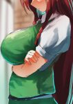  1girl arms_under_breasts blurry blurry_background blush braid breast_focus breasts crossed_arms from_side head_out_of_frame highres hong_meiling huge_breasts long_hair parted_lips profile puffy_short_sleeves puffy_sleeves red_hair short_sleeves teruteru12 touhou twin_braids 